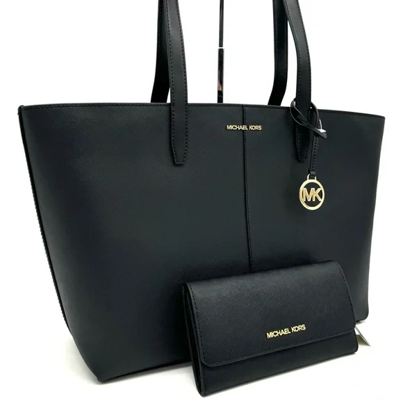 Michael Kors Medium Jet Set Travel Zip Tote Bag & Trifold Wallet Black/Gold